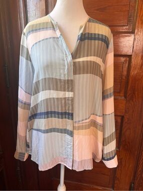 Ecru Luxury Silk Pastel Striped Blouse – Size Small